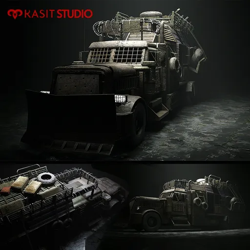 Detailed post-apocalyptic 3D military SUV model, fully rigged for Blender, ideal for gaming projects.
