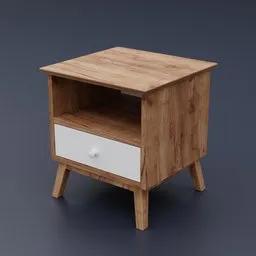 Wooden 3D model of a bedside table with drawer, rendered in Blender, suitable for bedroom visualizations.