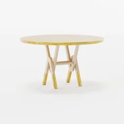 "Round restaurant table with wooden leg and brass detail, 3D model for Blender 3D. Inspired by Hilma af Klint's unique design, featuring gold and yellow notched antlers and isometric rendering. High-grain texture and distinct refinement make this a standout piece for any restaurant or bar setting."