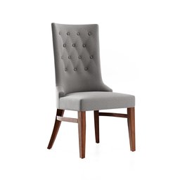 "3D model of a Wing Dining Chair with a buttoned back and wooden legs, featuring a Moonlight Grey color. A new contemporary design with a distinctive and elegant pose, this Blender 3D model showcases a chair crafted with a wood beech frame and an upholstered seat."