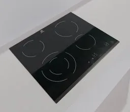 Photorealistic 3D model of a black ceramic stove with touch controls, rendered in Blender.