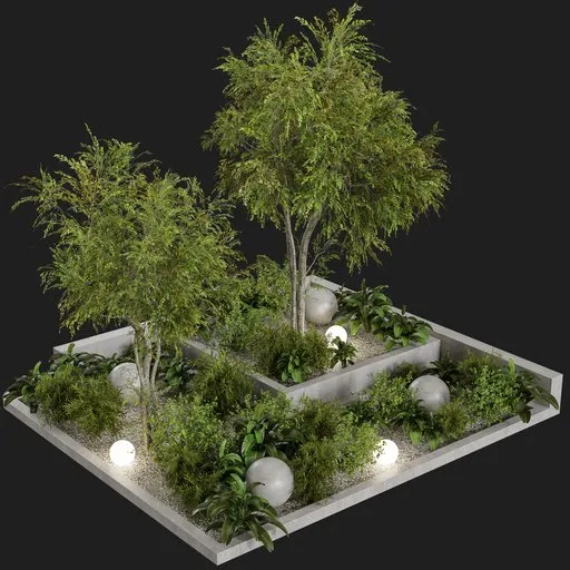Detailed 3D garden model with trees, shrubs, and pathway, designed in Blender with Cycles renderer, available in .blend format.