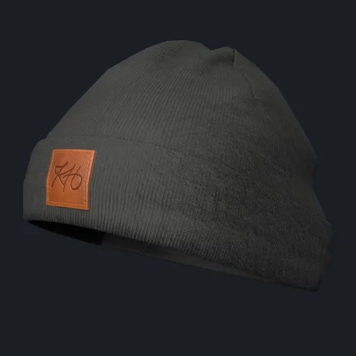 Detailed 3D rendering of ribbed knit black beanie with leather logo for Blender modeling