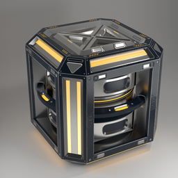 "Industrial sci-fi container with cylinder barrel 3D model for Blender 3D. Featuring a small black and yellow lockbox with a computer inside, inspired by Anton Möller and dynamic moody lighting for quality rendering. Perfect for sci-fi game engines and other futuristic designs."