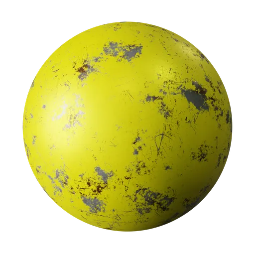 High-resolution PBR texture of yellow rusted and scratched metal surface for realistic 3D rendering in Blender.