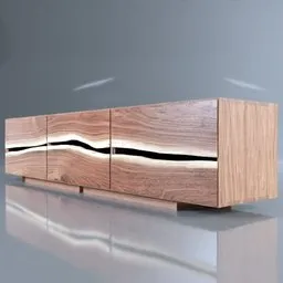 "Minimalist Live Edge TV stand made of walnut wood, showcased by BlenderKit 3D model. Natural wood grain exposed through front panels. Created in Blender 3D software."