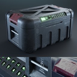 "Modern black weapon case with green keys for Blender 3D. Highly detailed with charging plug and top lid perfect for carrying survival gear. Comes with 4K UDIM textures for a stylized PBR look."