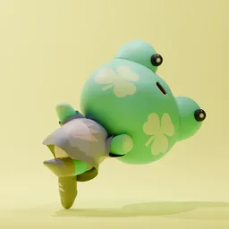 Animated green frog 3D model with clover patterns, designed for Blender animation, including a skirt accessory.