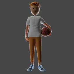 "Close-up of Benny, a 3D child character holding a basketball on a grey background. Inspired by Carl Morris and Microsoft Xbox, he wears a collared shirt and stands upright with a neutral face. Perfect for digital health and scanning items with a smartphone."