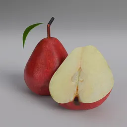 "Handmade high-poly 3D model of a red pear with leaf, suitable for Blender 3D software. Features surface blemishes and realistic shaders such as mentalray, pushead art and iray. Perfect for fruit and vegetable category in 3D rendering."
