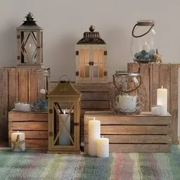 "3D model of a cozy room with a display of candles and lanterns, featuring iridescent accents, sand and sea elements. Designed for a relaxed aesthetic, the scene includes a wooden dock, creating a picturesque outdoor view. Perfect for Blender 3D users looking for decorative inspiration."