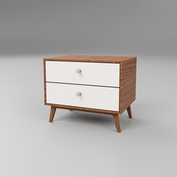 "Mid century modern style bed side table with white and brown drawers on gray surface, made of high grain sycamore wood and featuring bumped three-dimensional features and angular faces. This luxury furniture piece is perfect for storage and adds a touch of elegant sophistication to any bedroom decor. Available as a Blender 3D model by Jacob Toorenvliet."