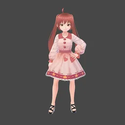 "Blender 3D model of a cute loli anime girl wearing a pink dress with a bow and a star on her chest. She has long orange-brown hair and is rendered in Unity, perfect for creating animated scenes. This fullbody shot turnaround includes a cloth and hair rig for added realism and flexibility in your Blender projects."