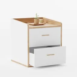 "A minimalist white and wood nightstand with a succulent plant, ideal for bedroom interiors. Modeled in Blender 3D and perfect for adding detail to hall scenes."