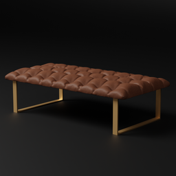 "3D model of an elegant gold and brown leather ottoman with tufted detailing, perfect for interior visualization in Blender 3D. Inspired by mid-century design and trending on ArtStation, this realistic Vue-rendered bench adds sophistication to any scene. Created using Maya and Houdini, this high-quality model is ideal for 3D enthusiasts and designers."