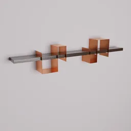 "Wooden and copper wall shelf with removable boxes for customizable storage, rendered in 3D using Blender. Perfect for bedroom decor and available for purchase on archiproducts.com."