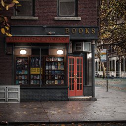 Detailed 3D modeled New York bookstore scene with street and autumn trees, crafted in Blender.