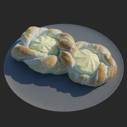 Alt text: "Delicious sweet bun with pudding on a plate, rendered in Marmoset Toolbag. This visually stunning 3D model, created by Karel Štěch, exhibits hyperrealism with its surface scattering and vibrant color theme inspired by Midsommar. Perfect for Blender 3D enthusiasts searching for high-quality food models and realistic renders."
