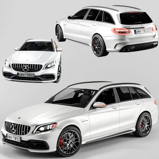Realistic Mercedes Benz C63 rigged 3D model in Blender, low poly, high quality, customizable colors for animations.
