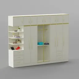 "White and gold decorative wardrobe with customizable features and three doors, including a secure locking mechanism. Comes with interior decoration objects and clothing. Perfect for use in Blender 3D."
