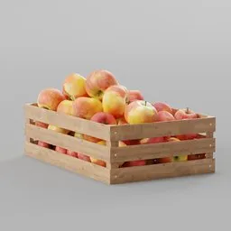 "A realistic 3D model of a wooden crate filled with fresh apples, perfect for use in Blender 3D. This simple storage and carrying box features intricate details and is rendered using Octane Render. The image showcases a rectangular face with a depth blur and a 2D depth map."