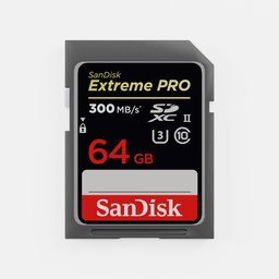 "High-quality 3D model of Sandisk SD card with 64GB UHS-II capacity. Perfect for industrial and exterior scenes in Blender 3D software. Features Sandisk logo and durable, high contrast plastic design."