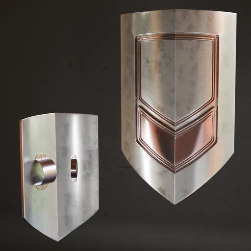 Low poly 3D shield model with high-quality metal textures for war game design, compatible with Blender 3D.