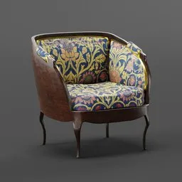 Detailed Blender 3D armchair model with intricate vintage fabric and classic wood design, ideal for 3D interior rendering.