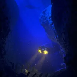Detailed 3D rendering of submarine exploring a mystical deep-sea crevasse with ambient lighting effects.