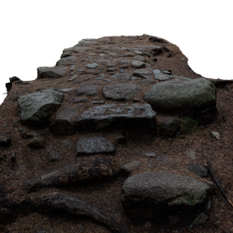 "Rocky Hiking Trail Photoscan: A stunning 3D render of a stone path surrounded by rocks in the Canadian nature. Inspired by S J 'Lamorna' Birch, this highly detailed and eerie model features a dark and wet road, steps, and an old bridge. Perfect for Blender 3D enthusiasts seeking an untextured first-person view experience."