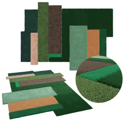 "Plantação Carpet 3D model for Blender 3D - Realistic grass and colorful rugs on a verdant field. Designed by Paola Muller, a Brazilian artist. Perfect for forestry and yard scenes in 3D visualization."