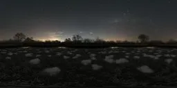 360-degree night panorama HDR with snow-covered garden, trimmed hedges, purple flowers, and starry sky for scene lighting