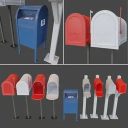 Detailed 3D model of red and blue mailboxes with Substance Painter textures, compatible with multiple render engines.