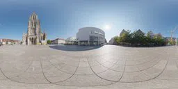 360-degree urban square HDR image for realistic scene lighting with clear skies and architectural detail.