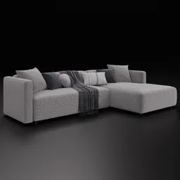 Realistic 3D corner sofa model with cushions compatible with Blender 4.0, showcasing fabric textures.