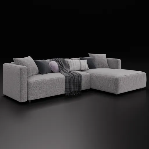 Realistic 3D corner sofa model with cushions compatible with Blender 4.0, showcasing fabric textures.