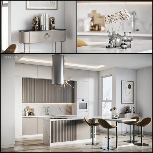 Detailed 3D kitchen scene with realistic materials for archviz, featuring appliances and lighting tutorial.