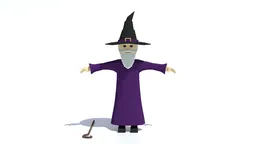 Rigged low poly wizard 3D model in purple robe and pointed hat for Blender renderings, isolated for CG visualization.