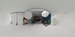 360-degree HDR panorama of a well-lit indoor residential setup with large windows and modern decor.