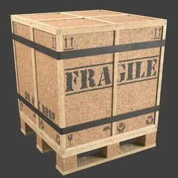 "Chipboard cargo box 3D model - Lowpoly game asset or render prop for industrial container scenes. Featuring a wooden crate labeled as fragile, made with Substance Designer height maps for life-like detail. Perfect for FPS views and in-game cosmetics."