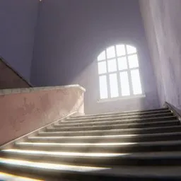 Staircase with radiant lighting through window, showcasing procedural materials, ideal for Blender 3D projects.