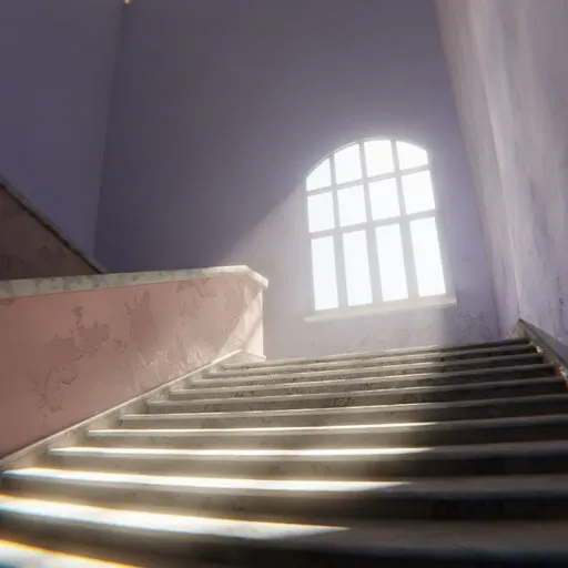 Staircase with radiant lighting through window, showcasing procedural materials, ideal for Blender 3D projects.