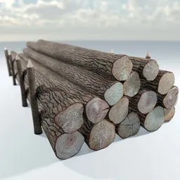 Detailed 3D wooden log pile render, optimized for Blender with high-resolution textures, suited for game environments.