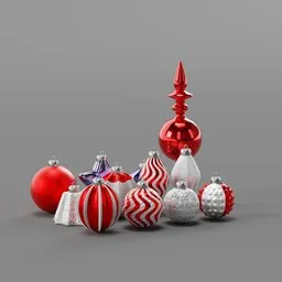 "Christmas Tree Decorative Ornaments in Crimson and Grey color scheme - 3D model for Blender 3D, available in different sizes. Concept image for Unity render, clean and without text. Perfect for holiday decoration design projects."