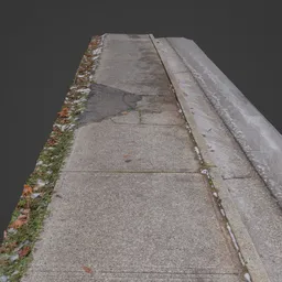 Highly detailed 3D model of a cracked, textured sidewalk with scattered leaves, suitable for Blender rendering.