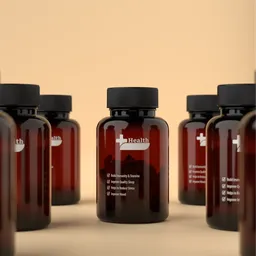 3D-rendered Ayurvedic health product bottles on a warm backdrop for product visualization in Blender.