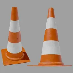 Highly detailed orange and white traffic cone 3D model for Blender, dual view, with realistic textures.