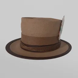 3D model of a tan flat brim player hat with feather, high quality textile material, light and stylish, for Blender.