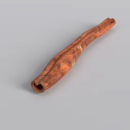Detailed 3D cinnamon stick model, high-resolution, realistic texture, ideal for Blender rendering and food visualization.