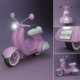 Pink cartoon-style 3D scooter model with detailed textures and lighting, compatible with Blender for animation and rendering.